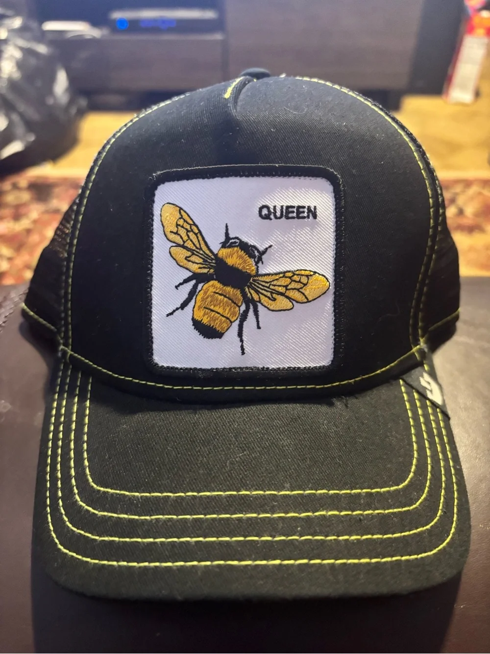 Goorin Bros Black Mesh Trucker Cap with Yellow Stitching